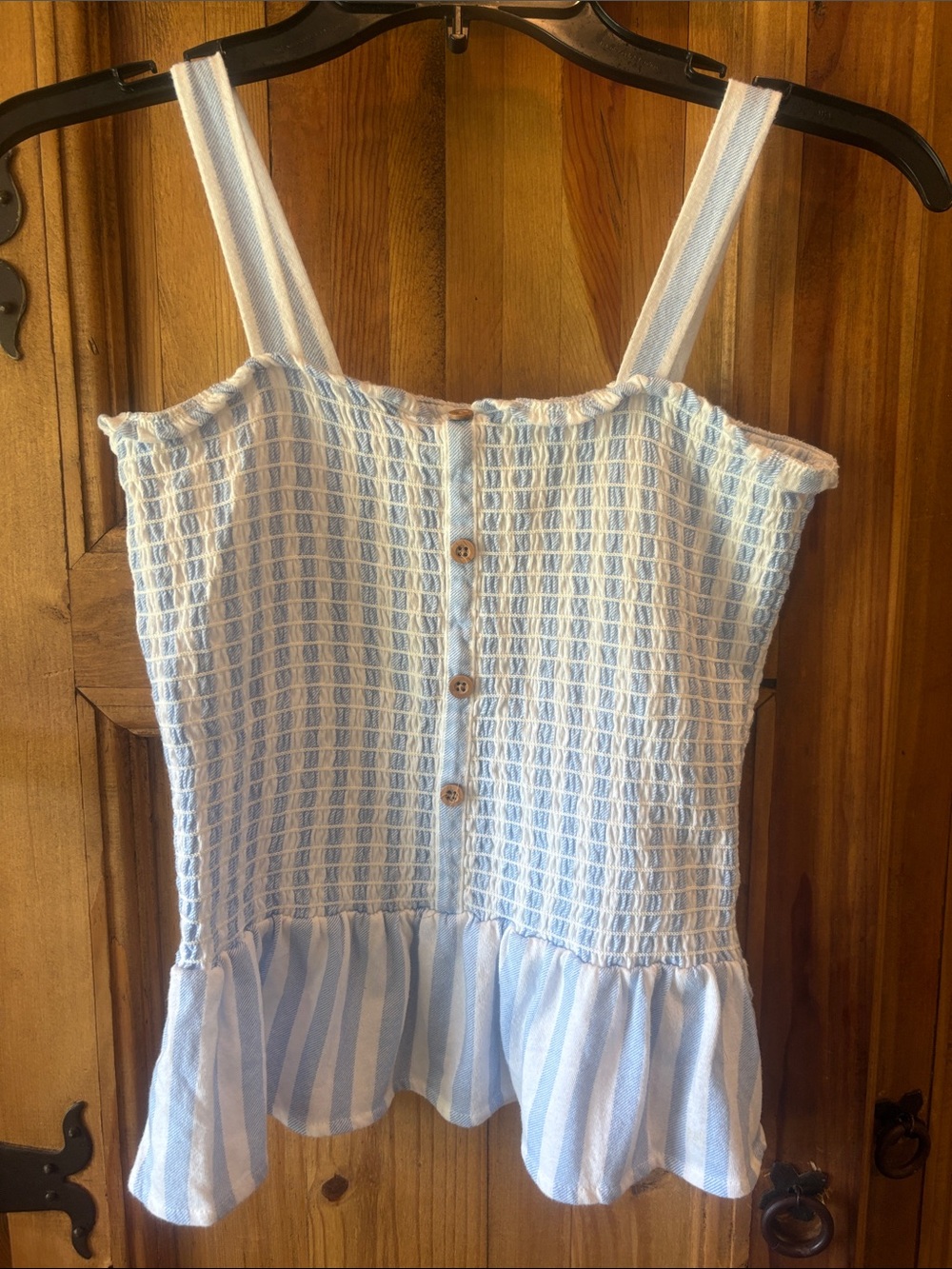 Old Navy Light Blue and White Striped Smocked Tank Top